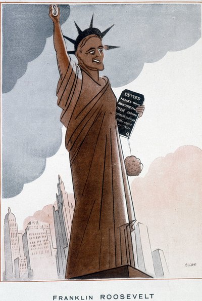 自由の女神」のフランクリン・ルーズベルトによる漫画 - バーナード・ベカン（ベルンハルト・カーン）（1890-1943）によるイラスト（1932年12月1日付「ファンタジオ」にて 作： Bernard Becan