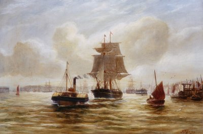 タインの口で船を牽引する蒸気タグ 作： Bernard Benedict Hemy