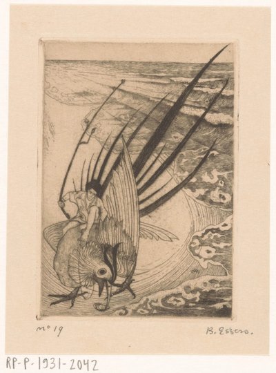 浜辺でキジに座る姿 作： Bernard Essers (signed by artist)