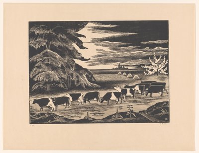 風景の中の牛 作： Bernard Essers (signed by artist)