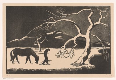 雪の中で馬を持つ男 作： Bernard Essers (signed by artist)
