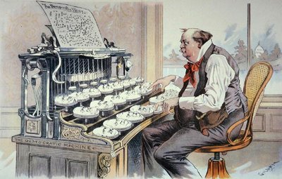 The Administration Typewriter」は、グローバー・クリーブランドが2期目の政権を取るための綱領を作成している様子を描いた「Judge」誌の漫画。 作： Bernard Gillam