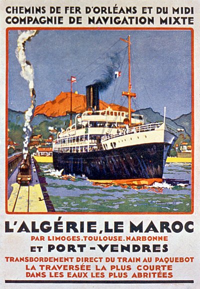 1900年頃、フランスからリモージュ・トゥールーズ・ナルボンヌ・ポルトヴァンドル経由でアルジェリアとモロッコへ向かうフランス鉄道の広告ポスター。 作： Bernard Lachevre
