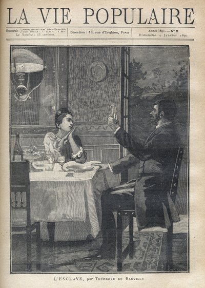 夫婦での食事会で、目の前に座っている男性のスピーチを愛おしそうに、そして感心して聞いている女性の姿。Theodore de Banville（1823-1891）の「奴隷」をB.Borioneがイラスト化したもの。1891年の「La vie populaire」に掲載された版画。プライベート・コル 作： Bernard Louis Borione