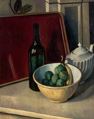 黄色い鉢と果物のある静物 作： Bernard Meninsky