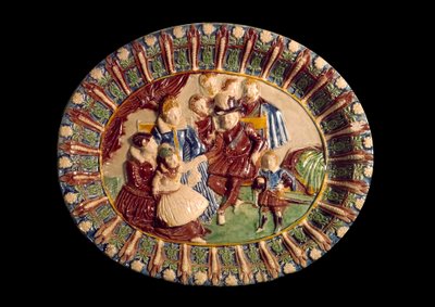 アンリ4世とその家族を表す皿。ベルナール・パリシー（1510-1589）作、釉薬をかけた土でできた陶器 作： Bernard Palissy