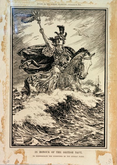 英国海軍に敬意を表して。ドイツ艦隊の降伏を記念して。1918年11月27日付『パンチ』表紙 作： Bernard Partridge