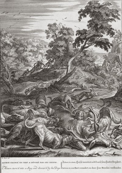 アクテオンはクワガタに変わり、1731年に彼の犬に貪り食った 作： Bernard Picart