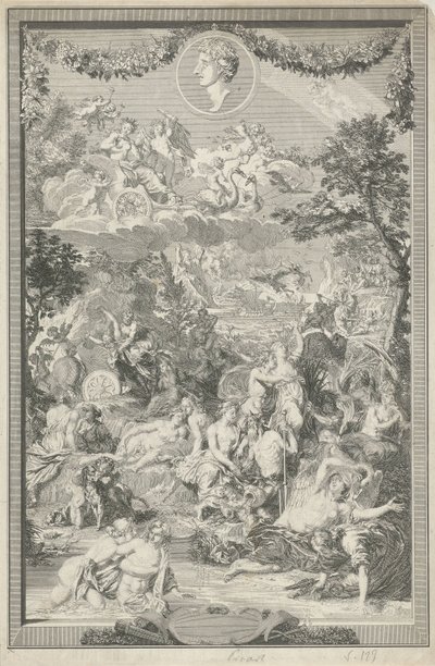 Ovid と彼の肖像画の変容からのさまざまなシーンを含む寓話的なタイトル ページ 作： Bernard Picart