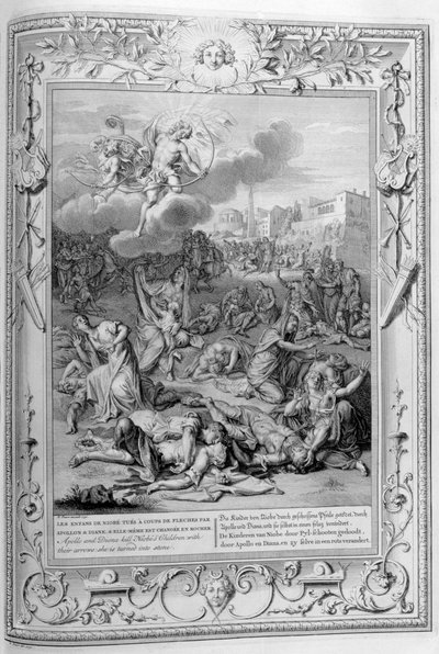 アポロとダイアナは矢印でニオベスの子供を殺す、1733 作： Bernard Picart