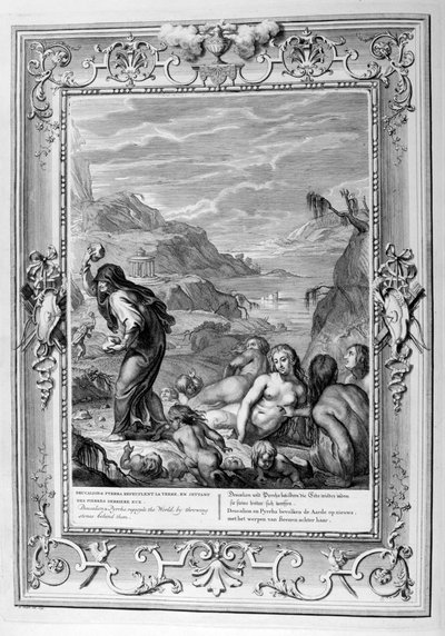 DeucalionとPyrrhaは1733年に背後に石を投げて世界を復活させました 作： Bernard Picart