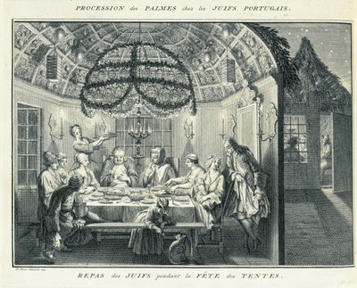 幕屋の饗宴の最中のユダヤ人の食事、「宗教儀式と税関」、1724年の図解 作： Bernard Picart