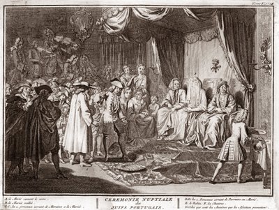 ポルトガルのユダヤ人コミュニティにおけるユダヤ人の結婚式 ベルナール・ピカール（1723-1743）の「世界の諸民族の宗教的儀式と習慣の図解」からのエングレーヴィング 1819年 個人蔵 作： Bernard Picart