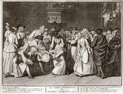 ユダヤ教：ポルトガルのユダヤ人コミュニティにおける割礼の儀式 ベルナール・ピカール（1723-1743）の「世界の諸民族の宗教的儀式と習慣の図解」からのエングレーヴィング 1819年 個人蔵 作： Bernard Picart