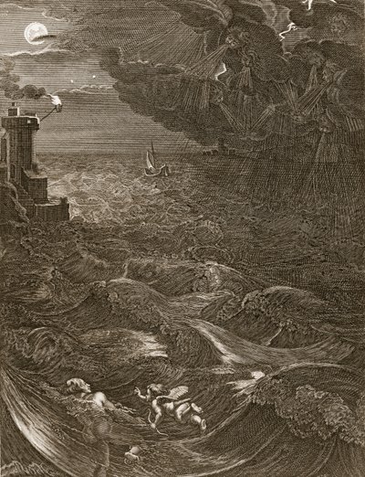 レアンダーはヘレスポントの上を泳ぎ、ミストレスヒーローと出会う、1730年 作： Bernard Picart