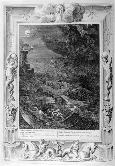 LeanderがHellespontを泳いで彼の愛人のヒーローに出会う1733 作： Bernard Picart