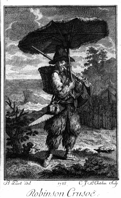 荒れ果てた島でのロビンソン・クルーソーを表現したもの。ベルナール・ピカール（1673-1733）がダニエル・デフォー（1660-1731）の小説を描いた版画。 作： Bernard Picart