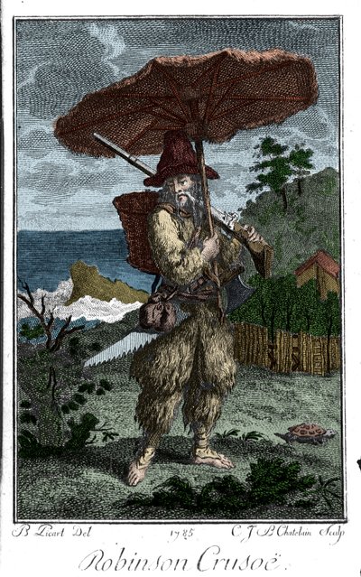 荒れ果てた島でのロビンソン・クルーソーを表現したもの。ベルナール・ピカール（1673-1733）がダニエル・デフォー（1660-1731）の小説を描いた版画。 作： Bernard Picart