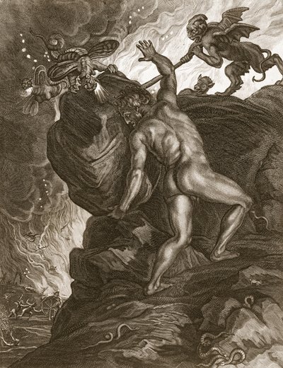 1731年、山に石を押し上げるシーシュポス 作： Bernard Picart