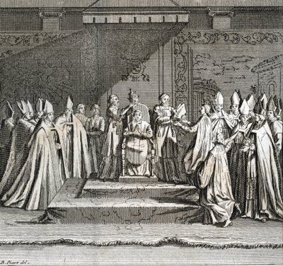 教皇職の厳粛な就任式 "Representation du coronation du pope" （教皇就任式：教皇の戴冠式） ベルナール・ピカール（1723-1743）の「世界のあらゆる民族の儀式と宗教的習慣の図解」からのエングレービング 作： Bernard Picart