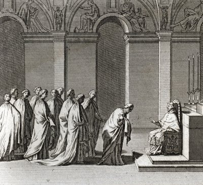 厳粛な教皇就任式。"The Adoration of the Pope in the Sistine Chapel" （教皇就任式：システィーナ礼拝堂での教皇の礼拝） "Illustration of Ceremonies and Religious Custom of All Peoples of the World "からのエングレーヴィング。 作： Bernard Picart