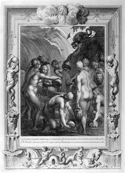 ダナイデスは退屈した船を水で満たすことを非難し、1733年 作： Bernard Picart