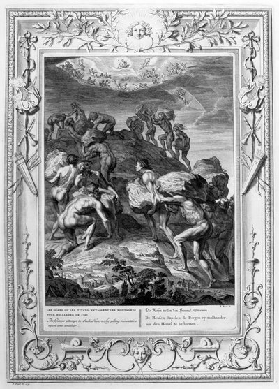 巨人は山を互いに積み重ねることによって天国を拡大縮小しようとします、1733 作： Bernard Picart