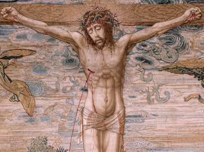フランダースのタペストリー。 シリーズ カール 5 世の台座 (オーストリアのマーガレットのバルダキン)。 慈悲のキリスト (Cristo de la Misericordia)。 台座裏のタペストリーパネル。 モデル バーナード・ファン・オーリー (1491-1542)。 ブリュッセルのピーター・デ・パンネメーカーのマニュファクチュール。 1518-1524。 ファブリック G 作： Bernard van Orley