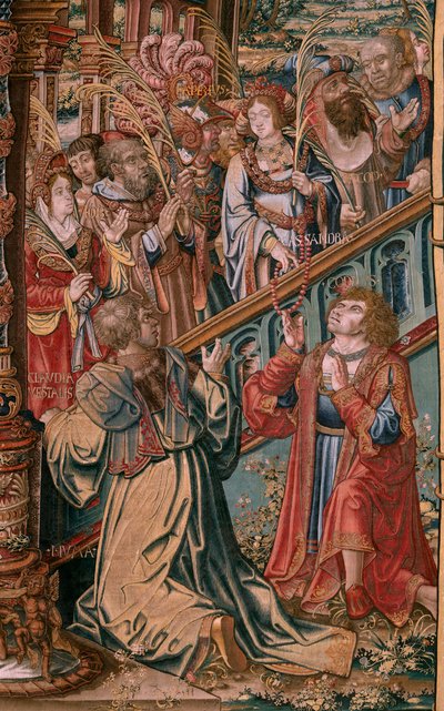 フランダースのタペストリー。 シリーズ ザ・オナーズ。 信仰（ラ・フェ）。 シリーズ初のタペストリー。 Bernard van Orley と Jan Gossaert (Mabuse) のサークルのモデル漫画家。 ブリュッセルのピーター・ファン・アールストのマニュファクチュール。 1550年頃。生地 ゴールド、シルバー、シルク、ウール。 作： Bernard van Orley