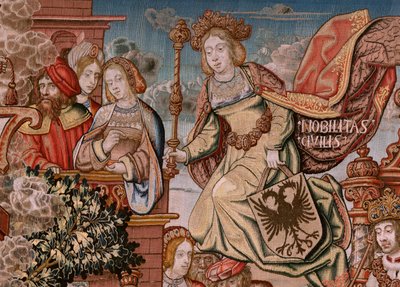 フランダースのタペストリー。 シリーズ The Honors; 貴族（ラ・ノブレザ）。 シリーズ4作目のタペストリー。 Bernard van Orley と Jan Gossaert (Mabuse) のサークルのモデル漫画家。 ブリュッセルのピーター・ファン・アールストのマニュファクチュール。 Ca 1550. ファブリック ゴールド、シルバー、シルク、ウー 作： Bernard van Orley