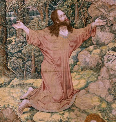 フランダースのタペストリー。 シリーズ The Passion of Christ (ザ・スクエア・パッション)。 オリーブ山のキリスト。 ブリュッセルのピーター・デ・パンネメーカーのマニュファクチュール。 漫画家の Barend van Orley。 1518～1522年頃。 作： Bernard van Orley