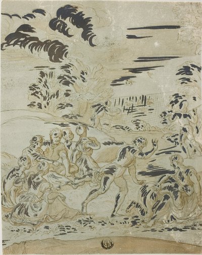 牧歌的なシーン: 鳥を狩る男性、地面に座っているカップル 作： Bernard van Orley