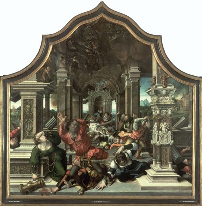 職の家の破壊、忍耐の美徳の三連祭壇画の中央パネル、1521年 作： Bernard van Orley