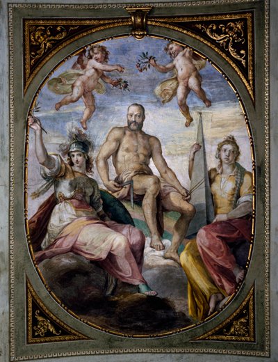 ベルナルディーノ・ポケッティ（1548-1612）によるフレスコ画「コジモ1世の寓意表現」。フィレンツェのピッティ宮殿の天井「ボナの間」。イタリア 作： Bernardino Barbatelli Poccetti