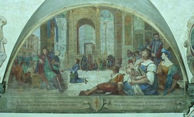 市街地広場の十字架の前で祈る若き聖アンソニー（フレスコ画） 作： Bernardino Barbatelli Poccetti