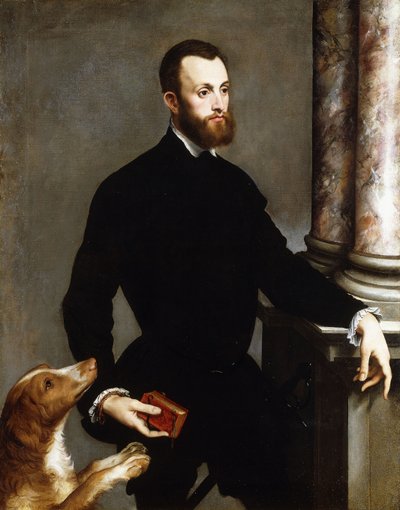 紳士の肖像、4分の3の長さに立ち、黒い衣装を着て本を持っている、 作： Bernardino Campi