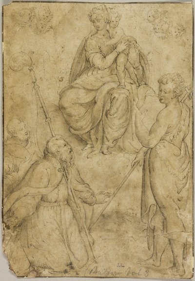 聖母子座像と司教聖人、修道聖人、洗礼者聖ヨハネ 作： Bernardino Campi