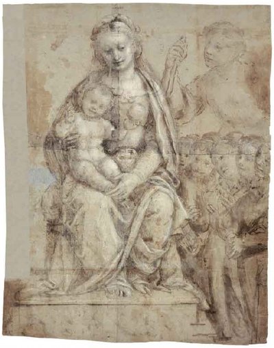 聖母子、戦士の聖人（ミカエル？ 作： Bernardino Lanino