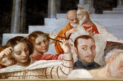 ベルナルディーノ・ラニーノ（1512-1583）によるフレスコ画「聖母のサイクル」（1553年）からの男女像、イタリア・ピエモンテ州ノヴァーラ大聖堂の聖具室下段 作： Bernardino Lanino