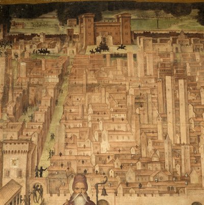 聖アンソニーとパヴィアの眺め、ベルナルディーノ・ランザーニ(1460-1530頃)によるフレスコ画「聖テオドールの物語」の細部、イタリア、ロンバルディア州、パヴィアの聖テオドール教会 作： Bernardino Lanzani da San Colombano