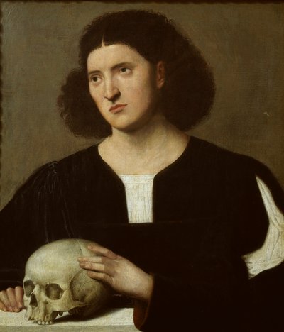 頭蓋骨を持つ若い男の肖像、c1510-1515 作： Bernardino Licinio