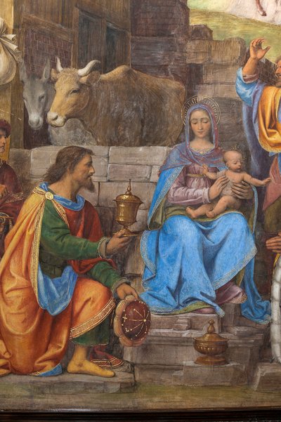 東方の三賢者、長老会またはメイン チャペル (フレスコ画) の崇拝の詳細 作： Bernardino Luini