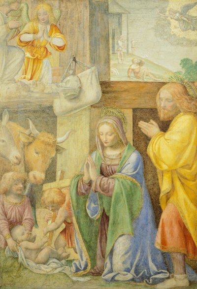 ベルナルディーノ・ラインによる「キリスト降誕と羊飼いたちへの受胎告知 作： Bernardino Luini