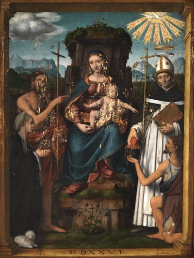 聖母子は洗礼者聖ヨハネ、女性寄付者、乞食、1526年に即位した。 作： Bernardino Luini