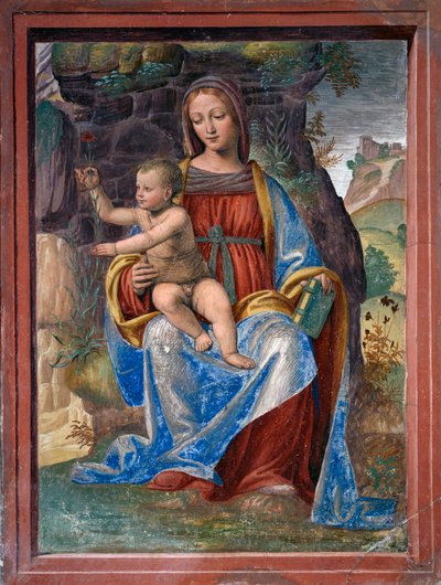 聖母子像、ベルナルディーノ・ルイーニ（1480年頃～1532年頃）によるフレスコ画、イタリア、ロンバルディア州のラヴァーボの間またはヴェストリィにある。 作： Bernardino Luini