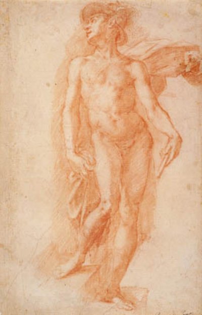 はためくローブを着て階段に立つマーキュリー 作： Bernardino Poccetti