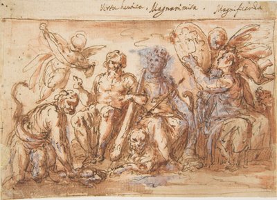 寓話的な人物：力、ヒドラを絞め殺すヘラクレス、豊かさ、名声、1600年から1650年。 作： Bernardino Rodriguez