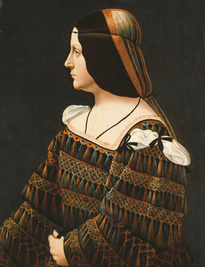 縦長の女性の肖像画、縦長、レースで装飾された黒のドレス、ペンダントタッセルと切り下げられた肩、オレンジとグレーのスヌード 作： Bernardino de Conti