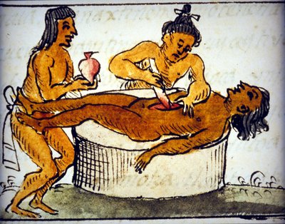 人間の生け贄：アステカ人の儀式的な犠牲。ベルナルディーノ・デ・サハグンの手稿より 作： Bernardino de Sahagun