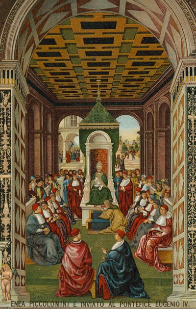 エネア・ピッコロミーニ、教皇ウジェーヌ4世の前で 作： Bernardino di Betto (after) Pinturicchio